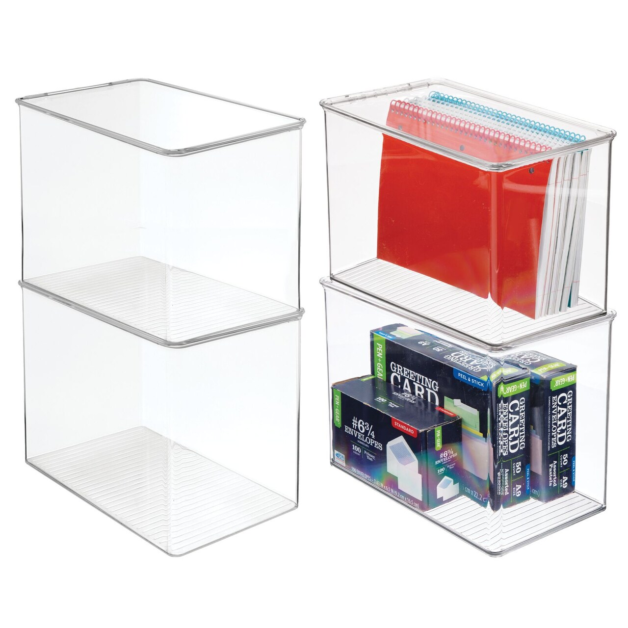mDesign Stackable Plastic Office Storage Organizer Box with Lid, 4 Pack